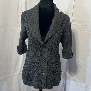 Vtg Y2K Derek Heart Charcoal Grey Chunky Knit Cardigan | L | Coquette Grandpa